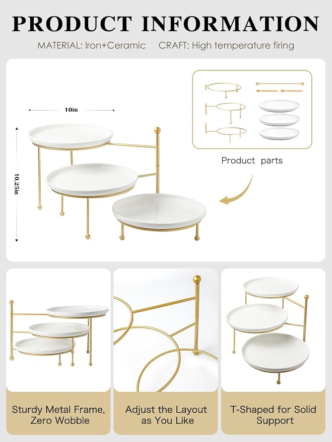 Kanwone 3 Tiered Serving Stand with White Porcelain Plates, 10" Round Tray, dessert table display set, Gold Metal Stand, Versatile & Durable