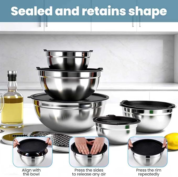 5 Pcs Mixing Bowls with Airtight Lids, Stainless Steel Mixing Salad Bowls with 3 Grater Attachments, Nesting Bowl for Kitchen Cooking, Prepping, Serving, Baking, 0.75/1/1.5/2.5/4.5QT, Black