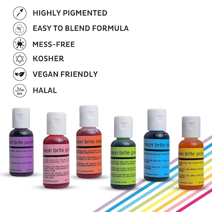 Chefmaster - Neon Airbrush Kit - Airbrush Food Coloring - 6 Pack - Highly-Pigmented, Vibrant Colors, Works With Any Airbrush Tool, Fade-Resistant Colors - Made in the USA