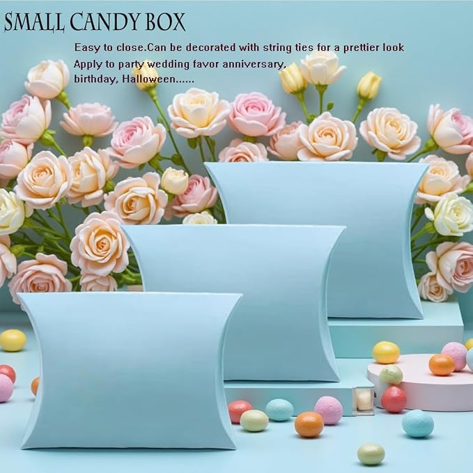 50 Pcs Kraft Paper Pillow Gift Boxes,3.5x2.6 Inch Mini Folding Treat Boxes, Creative Favor Box Folding Treat Boxes for Bakery, Candy, Jewelry, Wedding & Party Favors(Light blue)