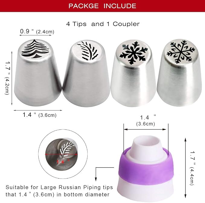 5 PCS Christmas Pastry Icing Piping Nozzles,Special Stainless Steel Russian Piping Tips Set,Cake Decorating Tools(1 Christmas Tree,2 Snowflake 1 Leaf Tips and 1 Single Color Coupler)