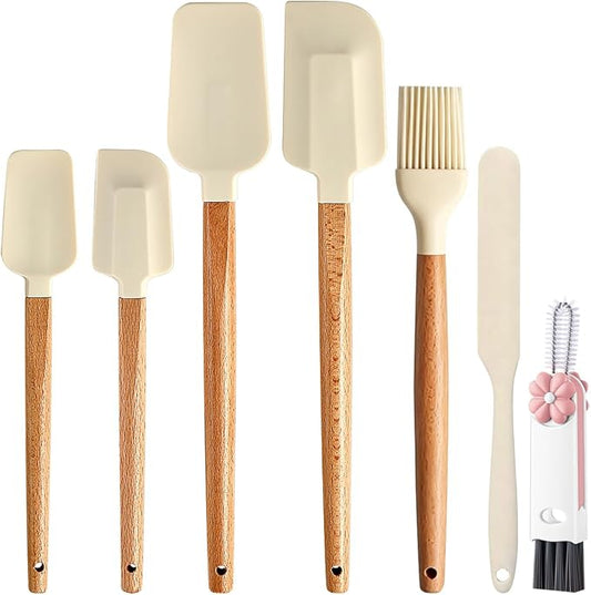 Silicone Spatula Set - 7 Piece Food Grade Rubber Spatula, Heat Resistant Up to 600°F, Wooden Handle Kitchen Utensils Set for Cooking, Baking & Mixing, Jar, Non-Stick Silicone Utensil White