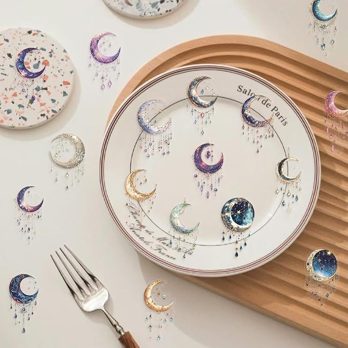 50PCS Dreamy Moon Crystal Gem Stickers Fashionable Transparent PET Material Decorative Sticker Clear Celestial Vinyl Decals with Stars,Crystals Galaxy Designs for Collectors,DIY Lovers...(Moon)