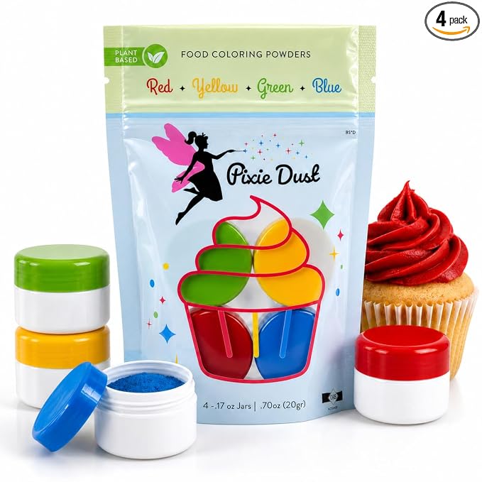 All-Natural Food Coloring Powder set - Red, Yellow, Blue, Green. | Perfect for cake decorating, cookie frosting, icing & drinks | Dye-Free, Plant-Based, Flavorless, Kosher | No-Carmine, No annatto, No Propylene Glycol | by PIXIE DUST | Medium .17 oz Ea...