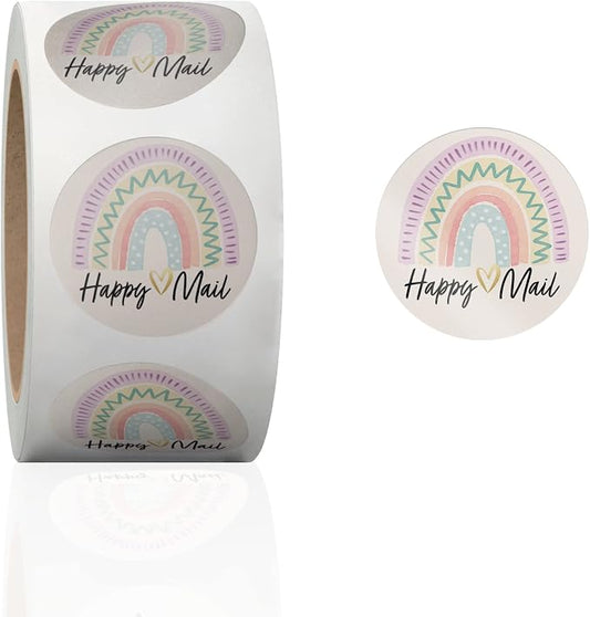 1.5 Inch Round 500 Count Rainbows Happy Mail Perforated Roll Stickers - Thank You Labels for Favors - Packing Thank You Stickers for Small Business Store Owners