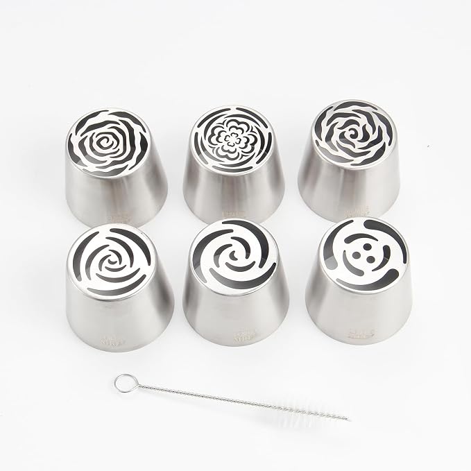 Extra Large Russian Piping Tip Set - 6 Stainless Steel Marshmallow Buttercream Framing Nozzles for 3D Roses Tulip Cake Decorations and Marshmallow Bouquets, Includes 1 Cleaning Brush(6C)