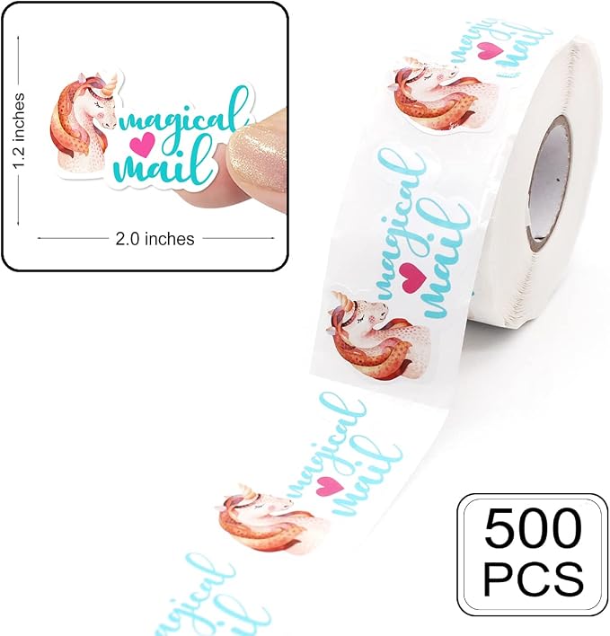Magical Mail Business Stickers,Cute Unicorn Thank You Stickers Small for Business Handmade Envelope Packaging Package, 500 Labels Per Roll