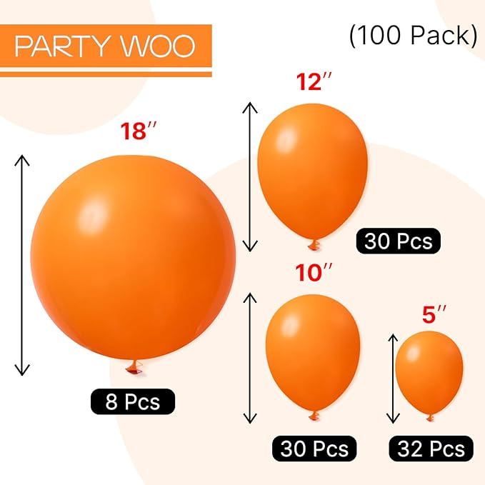 PartyWoo Orange Balloons 100pcs Different Sizes of 18 12 10 5 Inch Matte Fall Balloon Arch Kit Garland for Thanksgiving Halloween Little Cutie Baby Shower Birthday Party Decorations Orange-Y9