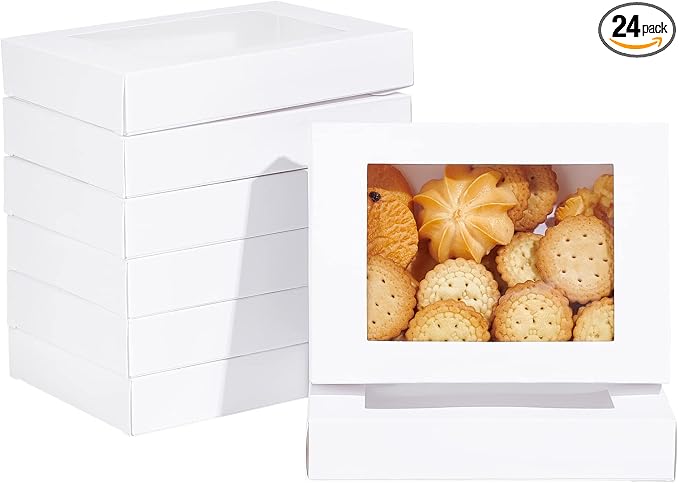 BENECREAT 24Packs 3.9x3.2x0.8inch Clear PVC Rectangle Window Gift Boxes, White Kraft Paper Present Boxes for Wedding Gift, Chocolates, Cookies and Other Small Crafts