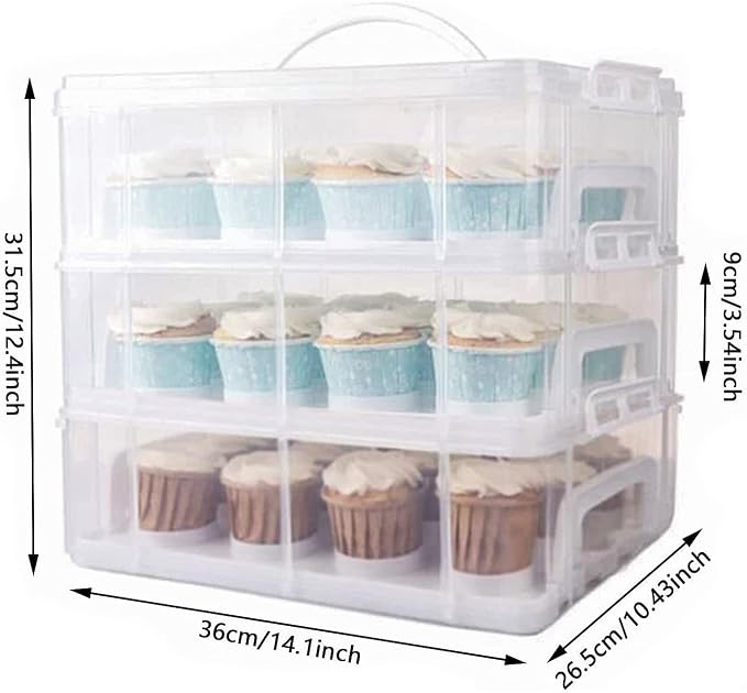 3 Tier Cupcake Carrier with Lid,Holds 36 Cupcakes or 3 Large Cakes Food Transporter Container with 3 Tier Stackable Layer Insert