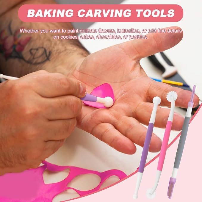 30Pcs Cake Decorating Brushes,Food Safe Cookie Paint Brushes Kit,with 3pcs Cake Carving Tools,Multi Function Fondant Cookie Icing Pastry Brush,DIY Painting Tool for Baking Craft