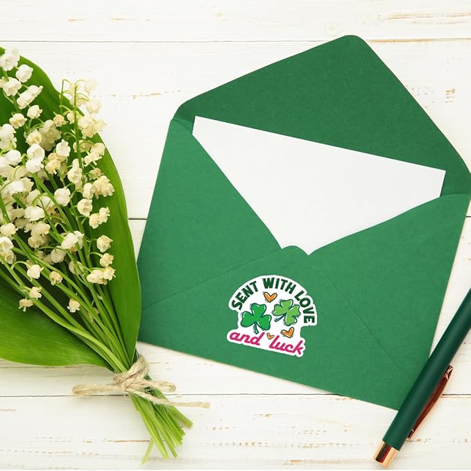 200 PCS St. Patrick's Day Packaging Stickers,Sent with Love and Luck,Clover Sticker for Small Business Envelopes Shipping Boxes Gift Packaging