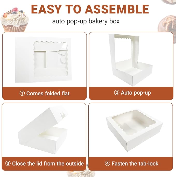 30 Pack White Pie Box Bakery Boxes with Window, 8 x 8 x 2.5 Inches Auto-Popup Cookie Boxes Treat Boxes for Chocolate Strawberries, Pastries, Muffins, Donuts
