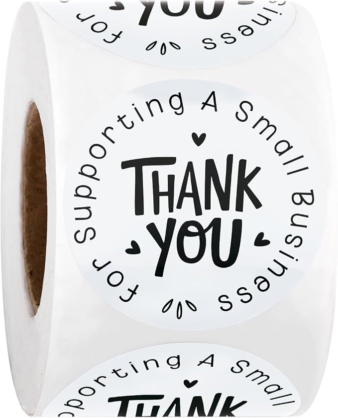 WRAPAHOLIC 2 Inch 500 Total Business Stickers Sheet Roll - Black White Small Business Text Design, Thank You Lables, Shipping Stickers for Party Decorations