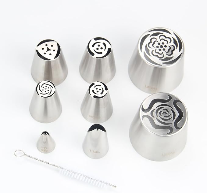 Extra Large Stainless Steel Russian Tulip Marshmallow Flower Nozzle Set, Contains 6 Flower Nozzle, 2 Leaf 1 Brush, For Cake Decorating, Pastry Baking Tools