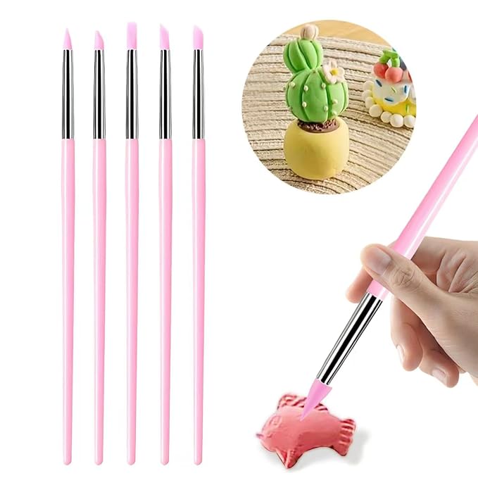 5Pcs Silicone Sculpting Tools, Pink Clay Sculpting Tools, Multi-Shape Silicone Brushes, Pottery Modeling Tools for Polymer Clay, Ceramics, Nail Art, Fondant & Craft DIY