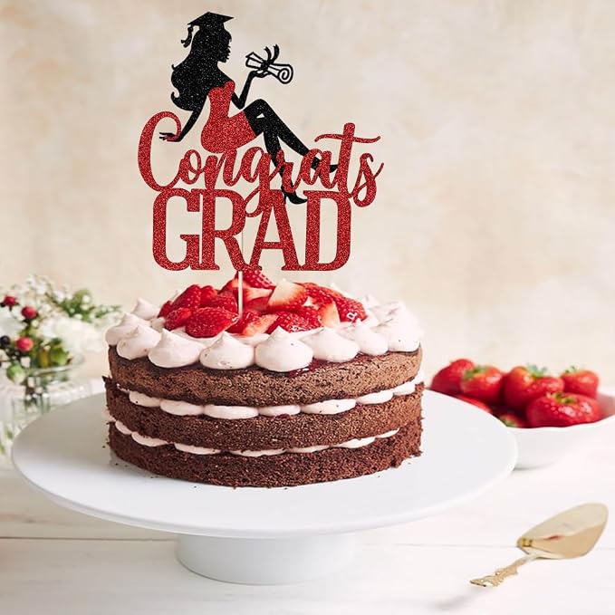 Congrats Grad Cake Topper,2026 Girl Graduation Cake Topper, Congrats Grad Decorations,2026 High School/College/Senior Graduation Party Decorations Supplies (Black red)