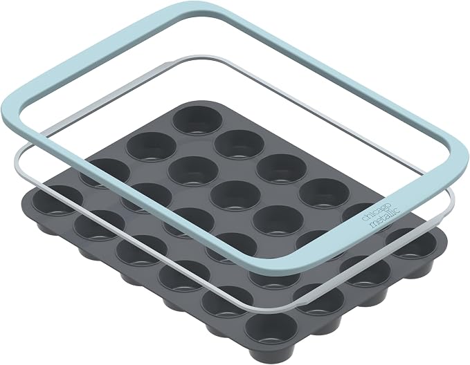 Chicago Metallic Silicone Mini Muffin Pan 24 Cup, Nonstick Cupcake Pan with Wire-Reinforced Rim, Oven Safe Flexible Baking Mold for Muffins, Egg Bites, and More, Blue, 14.6 x 10 Inches