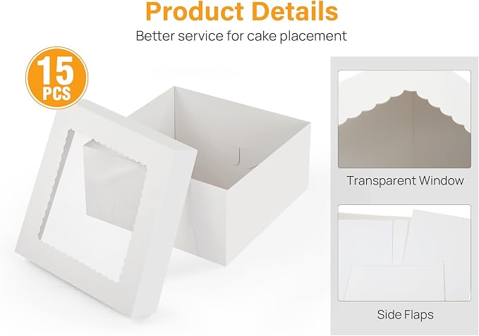Kootek 15pcs Cake Boxes, 12x12x6 Inches Cake Box with Window, White Bakery Boxes, Large Baking Boxes, Square Cardboard Cake Box for Cakes, Baked Goods, Cake Decorating Supplies for Gift Giving