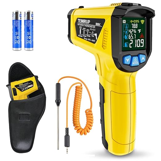 Infrared Thermometer Temperature Gun, -58°F to 1472°F, Digital Laser Thermometer Gun with Probe for Cooking, Pizza Oven, Grill & Engine, IR Thermometer Temp Gun with Adjustable Emissivity & Humidity