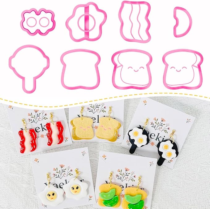 Xaekicr 8Pcs Breakfast Theme Polymer Clay Cutters Set – Toast, Bacon, Egg Shapes | Fun Clay Earring Cutters | Polymer Clay Molds for Jewelry Making | Clay Tools for DIY Crafts