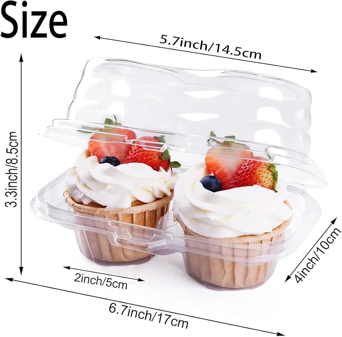100PCS Cupcake Containers 2 Count Clear Cupcake Boxes Disposable Cupcake Holder with Lid Plastic Cupcake Containers 2 Cavity High Topping for Cupcakes Muffins Pies