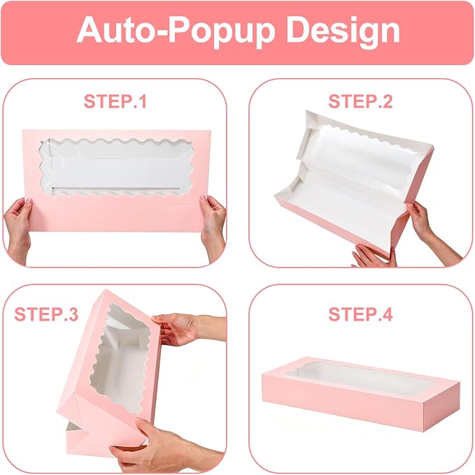 24 Pack Bakery Boxes with Window, 16x6.5x2.5 Inch Pink Auto-Popup Cookie Box with Ribbon and Sticks, Long Treat Boxes for Cookies for Strawberries, Champagne, Cake Pops, Donuts