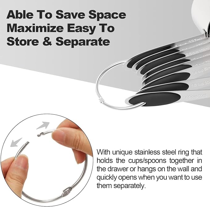 Measuring Cups & Spoons Set of 16, Wildone Stainless Steel Measuring Cups and Measuring Spoons with Black Silicone Handle, Including 8 Nesting Cups, 8 Spoons, for Dry and Liquid Ingredient | 8 Measuring Cups and 8 Measuring Spoons, Nesting Design, Heav...