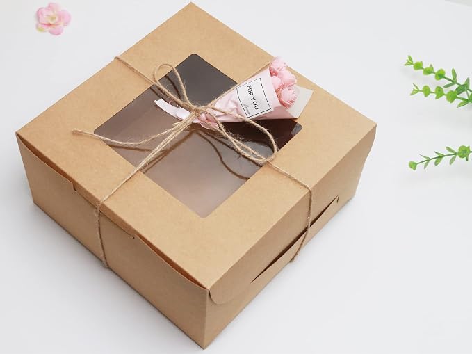 Kraft Bakery Boxes 10x10x5 Inch - 10Pack Window Gift Boxes | Includes twine & stickers. Sturdy kraft. For cookies, cupcakes, pastries, wedding favors, party treats & DIY