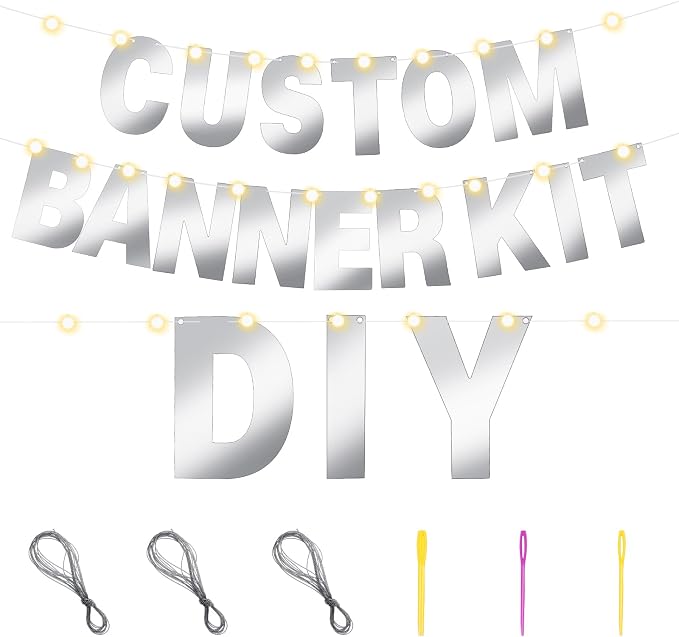 TaoBary 112 Pcs DIY Letter Kit Glitter Customizable Banner Letters Include 107 Letters and Numbers 3 Rope and 2 Needles for Birthday Halloween Christmas Wedding Valentine Party Decor(Glossy Silver)