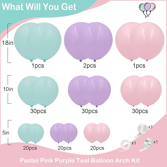 Mermaid Balloon Garland Arch Kit,154pcs Little Mermaid Party Decorations Include Pastel Pink Purple and Teal Blue Latex Balloons for Baby Shower Birthday Ocean Themed Under the Sea Party Decorations