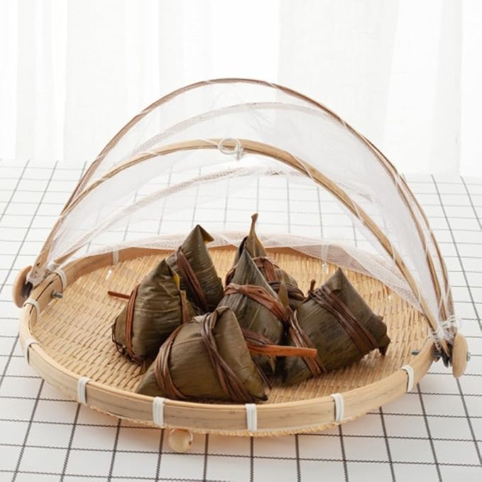 Handmade Woven Storage Basket with Foldable Net Cover, Natural Rattan Kitchen Organizer for Fruit Bread, Mesh Dome Sundries Container, Portable Snack(Small)