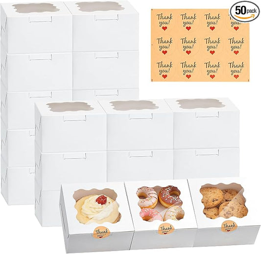 50Pcs Cookie Boxes with Window, 4×4×2.5 Inches White Paper Treat Boxes for Bakery Dessert Pastry Mini Cake Favor Donut Baked Goods (with Stickers)