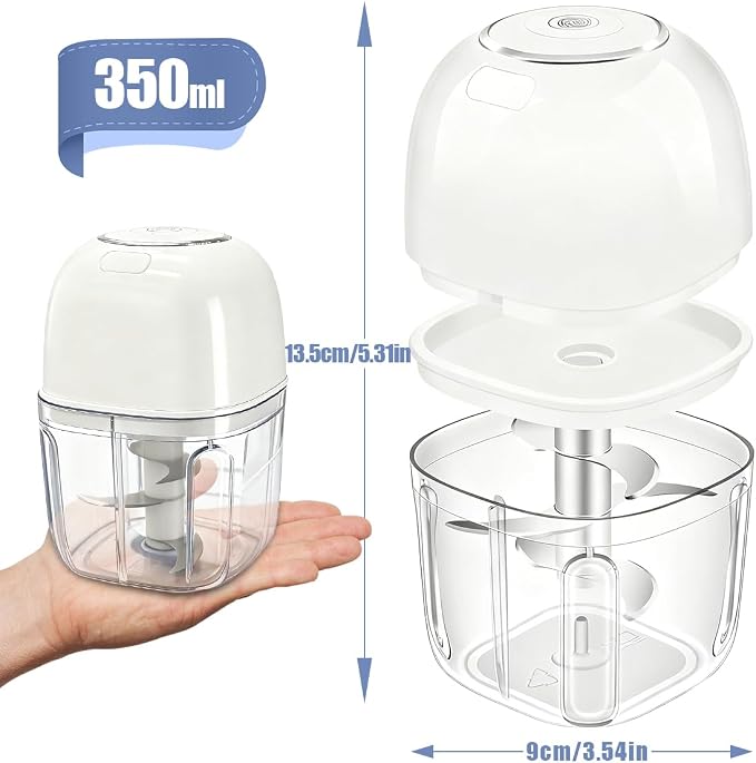 Tiiyee Electric Garlic Chopper, 350ML Mini Portable Mincer Masher 6 Blade | Veggie Blender to Vegetable Grinder Food Processor Stainless Steel for Nuts Chili Onion Ginger Spices Salad Graters
