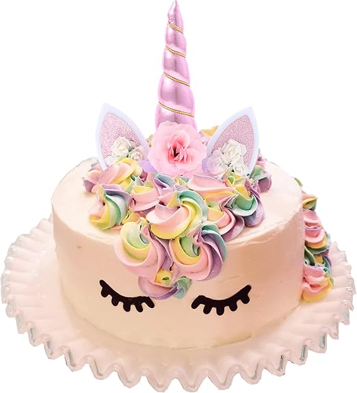 Unicorn Cake Topper Birthday Party Supplies Cute Handmade Cake Decoration Pink Unicorns Horn Cake Topper Decorations for Girls First Birthday Cake Accessories with Eyelashes, 5.8 Inch