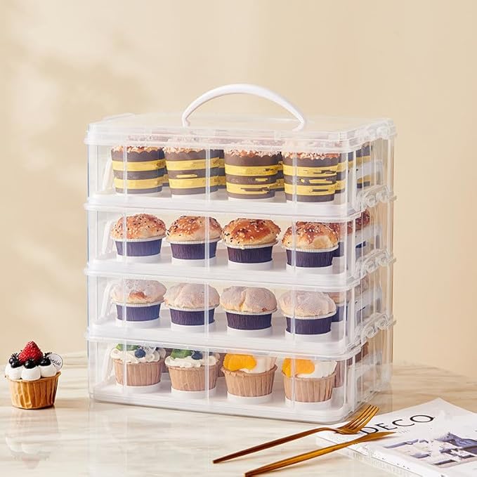 4-Tier Cupcake Carrier Stackable Storage Container,Store up to 48 Cupcakes | Plastic stackable trays with Lid and Handle. Lightweight for parties, baking, travel. Keeps cupcakes secure. BPA-free.