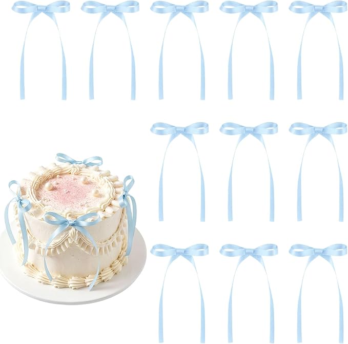 30 Pack Bow Cake Toppers Light Blue Ribbon Bows for Cake Baby Blue Bow Birthday Decorations for Baby Shower, Wedding, Bachelorette, Summer Pool Party Decorations