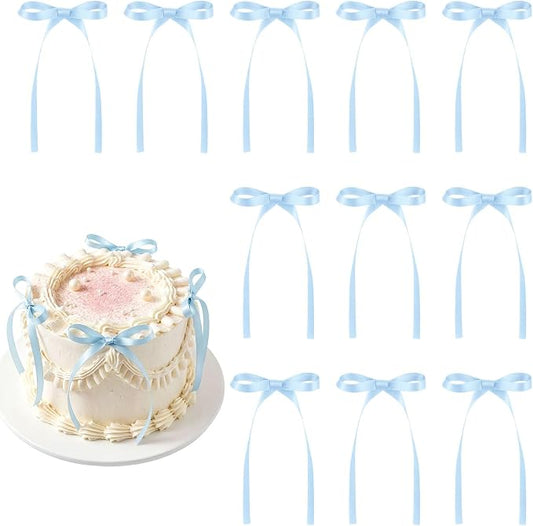 30 Pack Bow Cake Toppers Light Blue Ribbon Bows for Cake Baby Blue Bow Birthday Decorations for Baby Shower, Wedding, Bachelorette, Summer Pool Party Decorations
