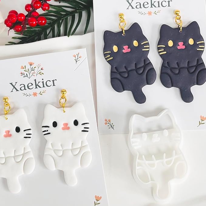 Xaekicr Black Cat Polymer Clay Cutters for Earrings – Cute Animal Clay Cutters for Polymer Clay Jewelry Making – Clay Tools & Earring Molds for DIY Crafts