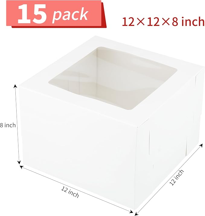 15PCS Cake Boxes with Window,12x12x8 Inch White Bakery Boxes,Cake Board,Sticker&Ribbon,Tall Cake Container for Multi-Layer Cakes,Birthday,Party,Valentine's Day