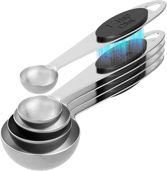 LEIFENY Magnetic 18/8 Measuring Spoons Set of 5, 304 Stainless Steel Measure Spoon for Baking & Cooking, Stackable Metal Kitchen Gadgets Essentials