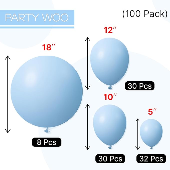 PartyWoo Light Blue Balloons 100pcs Different Sizes of 18 12 10 5 Inch Baby Pastel Sky Aqua Blue Balloon Arch Kit Garland for Birthday Gender Reveal Baby Shower Graduation Party Decorations Blue-Y4