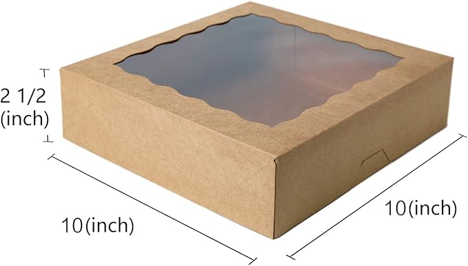 ONE MORE 10inch Natural Kraft Bakery Pie Boxes With PVC Windows,Large Cookie box 10x10x2.5inch 12 of Pack (Brown,12)