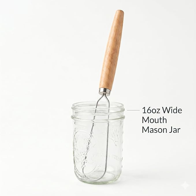 Jar Whisk | Stainless Steel with Wooden Handle | For Sourdough Starter, Peanut Butter, Almond Butter, Cashew Butter, Protein Shakes, Tahini, Yogurt, Sauces, Jams and Jellies, Honey and Pancake Batter