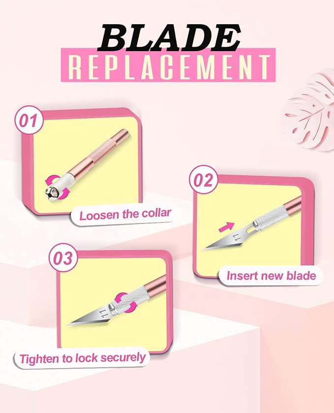 DIYSELF 1 Pcs Craft Hobby Knife Exacto Knife with 11 Pcs Stainless Steel Blade Kit, 1pcs Steel 15CM Ruler for Art, Scrapbooking, Stencil (Pink)