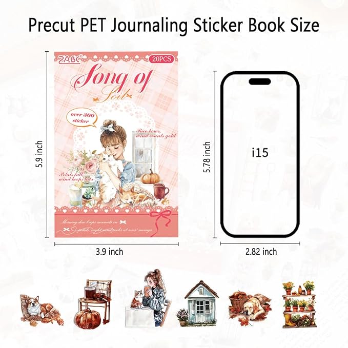 Scrapbook Sticker Book for Scrapbooking and Journaling, Country Cottage Scenery Pet Theme, 20 Sheets 3.9x5.9 inches, Precut Transparent PET Stickers for Junk Journal Supplies, Collage, Scrap Book