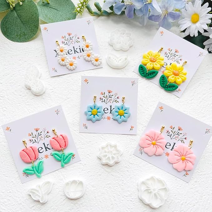 Spring Flower Polymer Clay Cutters Set - 12pcs Tulip, Daisy, Hibiscus, Cherry Blossom, Peony Shapes for DIY Earring Jewelry Making, Soft Clay Crafts, Scrapbooking & Gift Toppers