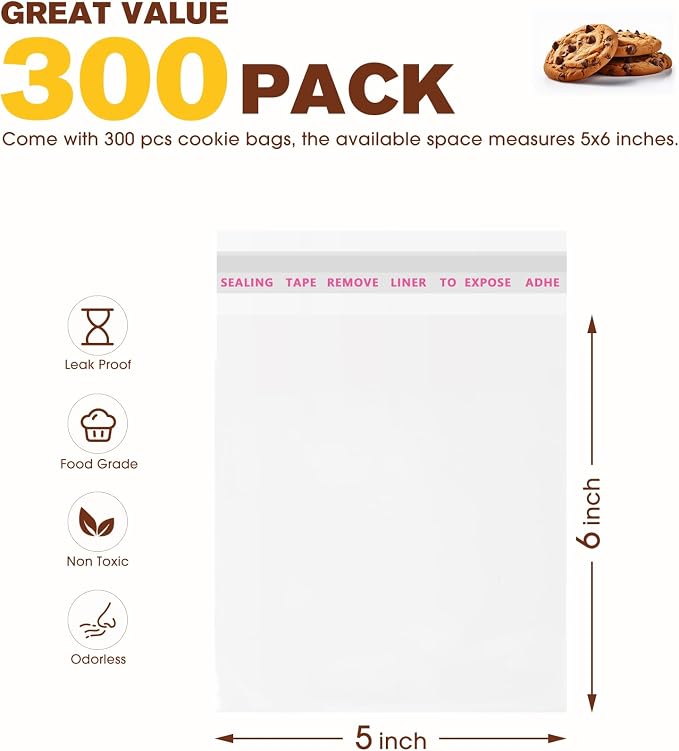 300 Pcs Clear Self Sealing Cellophane Bags, 5x6 Inches Cookie Bags Resealable Cellophane Bag for Packaging Cookies, Candy, Gifts, Favors and Products, 3 Mils Individual Self Adhesive Wrappers