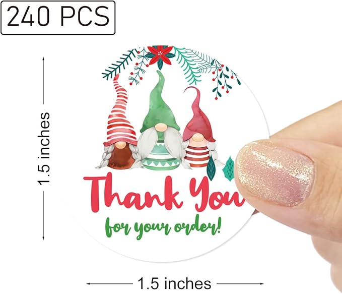 Wailozco 240 PCS Thank You for Your Order Gnome Stickers,Cute Small Business Envelopes Stickers Packages/Handmade Goods/Bags ,Christmas Theme Shop Seals