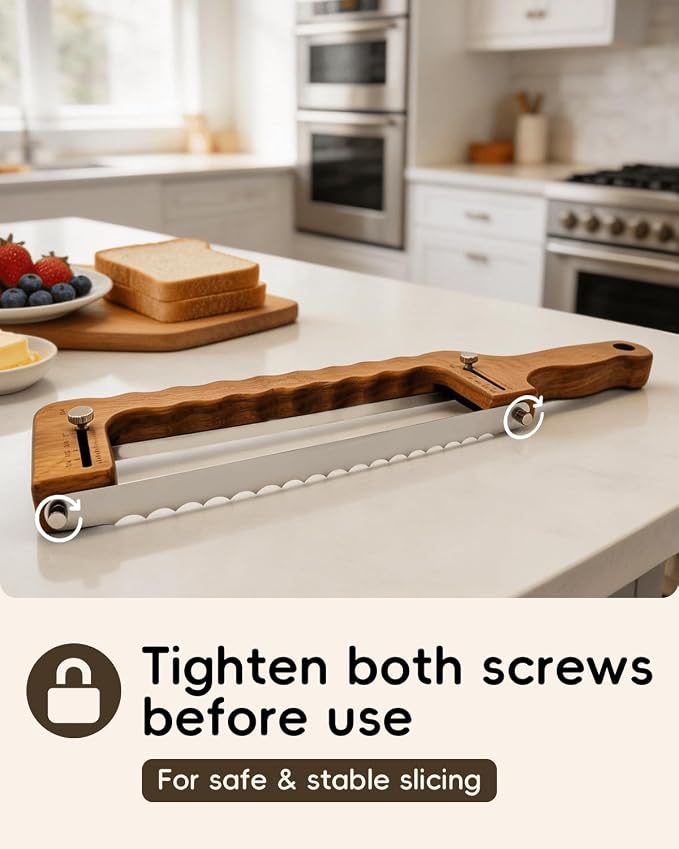Solid Walnut Wood Bread Bow Knife & Bread Lame Set | Adjustable Bread Slicer for Even Slices, Ultra Sharp Serrated Fiddler Knife for Artisan Sourdough, Homemade Loaves & Cakes, Ergonomic Design